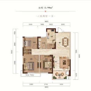 A-02户型建面约90㎡3室2厅