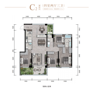 偶数层建面约140.83㎡C2户型