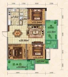 A户型建面约101㎡3室2厅