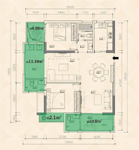 B户型建面约100㎡3室3厅