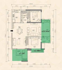 E户型建面约97㎡3室3厅