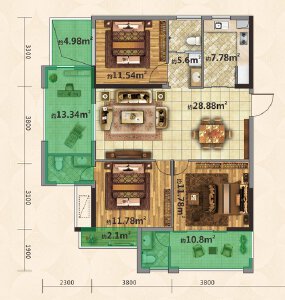 B户型建面约104㎡3室3厅