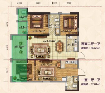 D户型建面约103㎡4室2厅