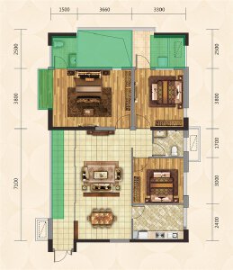 A户型建面约122㎡3室2厅