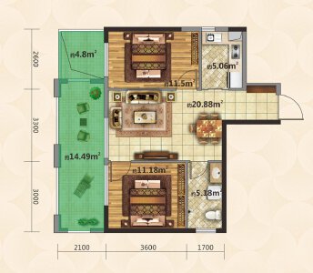 C户型建面约70㎡3室2厅