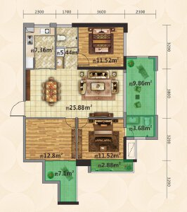 E户型建面约97㎡3室3厅