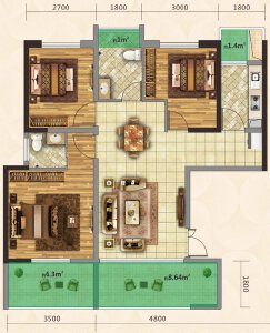 D户型建面约91㎡3室2厅