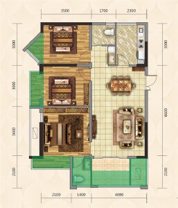 D户型建面约96㎡3室2厅