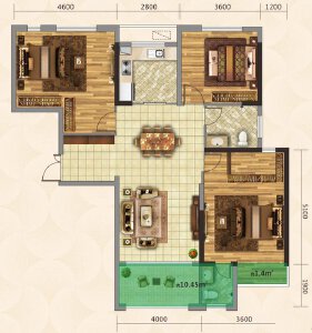 D户型建面约118㎡3室2厅