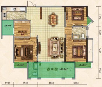 B户型建面约122㎡4室2厅