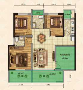 D户型建面约95㎡3室2厅