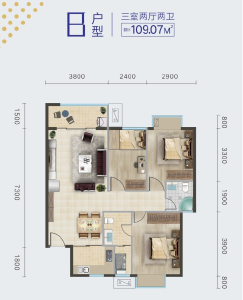 B户型3室2厅2卫 109.07㎡