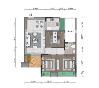 风华建面约84.07㎡三室两厅一卫户型