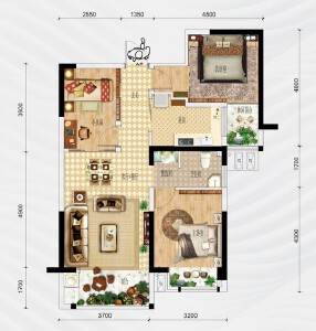 东方一品建面约84㎡两室两厅户型