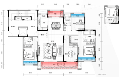 D户型建面约186㎡四室两厅三卫