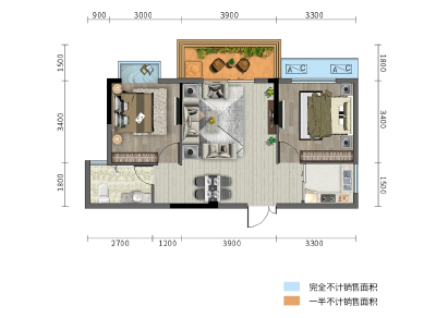 A户型建面约75.34㎡两室两厅一卫