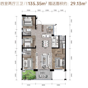 28#楼奇数层B1建面约135.35㎡四室两厅三卫