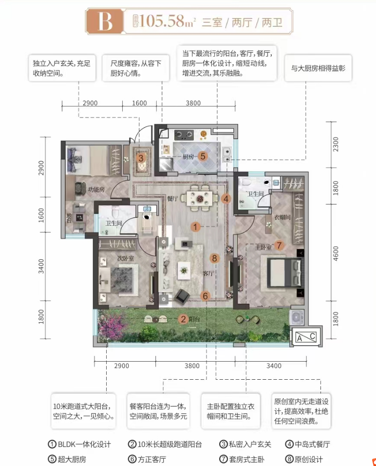 建面约105.58㎡3室2厅2卫B户型