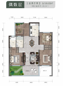 建面约99.69㎡偶数层户型