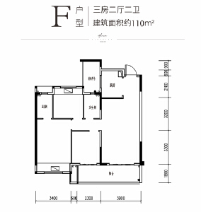 F户型三房两厅两卫建面约110㎡