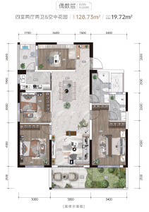 建面约128.73㎡偶数层