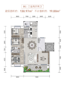 洋房标准层H户型建面约138.97㎡