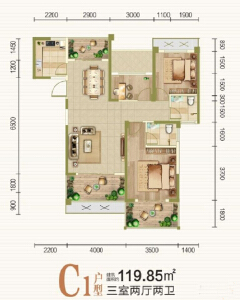 C户型3室2厅 建面约119.85㎡