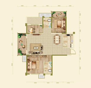 D户型3室2厅 建面约123.32㎡