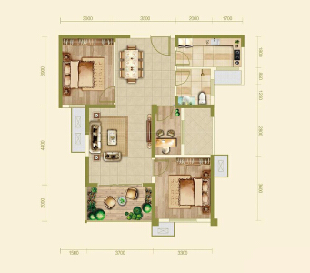 E户型3室2厅建面约99.36㎡