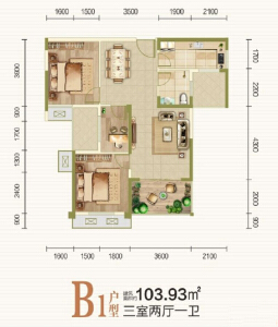 B户型3室2厅 建面约103.93㎡