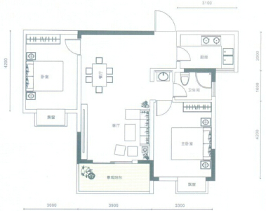 庄仪·橡树湾建面约89.73㎡两室两厅一卫户型