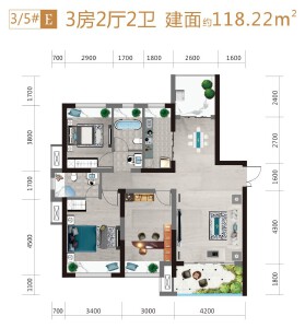 新时代·江屿城建面约118㎡三室两厅户型图