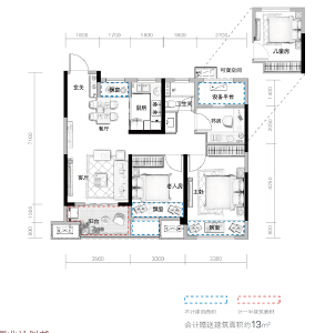 A户型建面约89㎡3室2厅