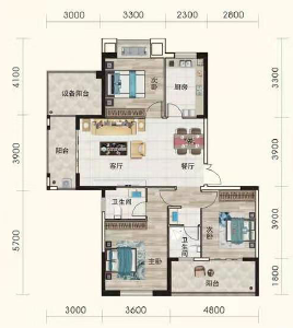 中瑞·九樾建面约122.67㎡三室两厅两卫户型