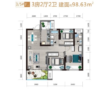 新时代·江屿城建面约98㎡三室两厅户型图