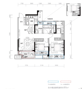 C1户型建面约100㎡3室2厅