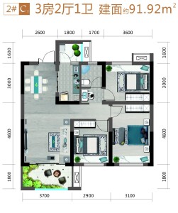 新时代·江屿城建面约91㎡三室两厅户型图