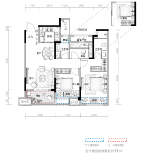 C2户型建面约98㎡3室2厅