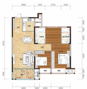 B2户型建面约100.06㎡3室2厅2卫