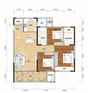 A1户型建面约121.47㎡3室2厅2卫