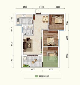 益多春天建面约92.59㎡三室两厅一卫户型