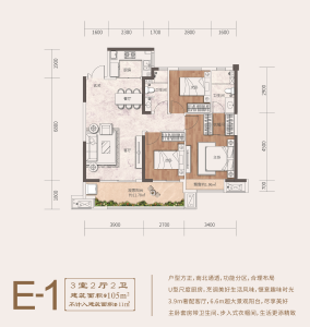 E-1户型建面约105㎡3室2厅