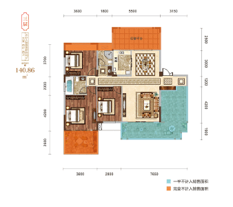 三层户型建面约140.86㎡三室两厅