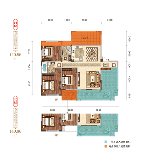 四至五层户型建面约140.86㎡三室两厅