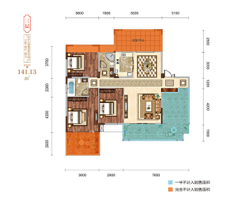 三层户型建面约141.13㎡三室两厅