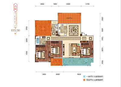 六层户型建面约135.56㎡三室两厅