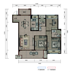 B1高层户型建面约120㎡3室2厅